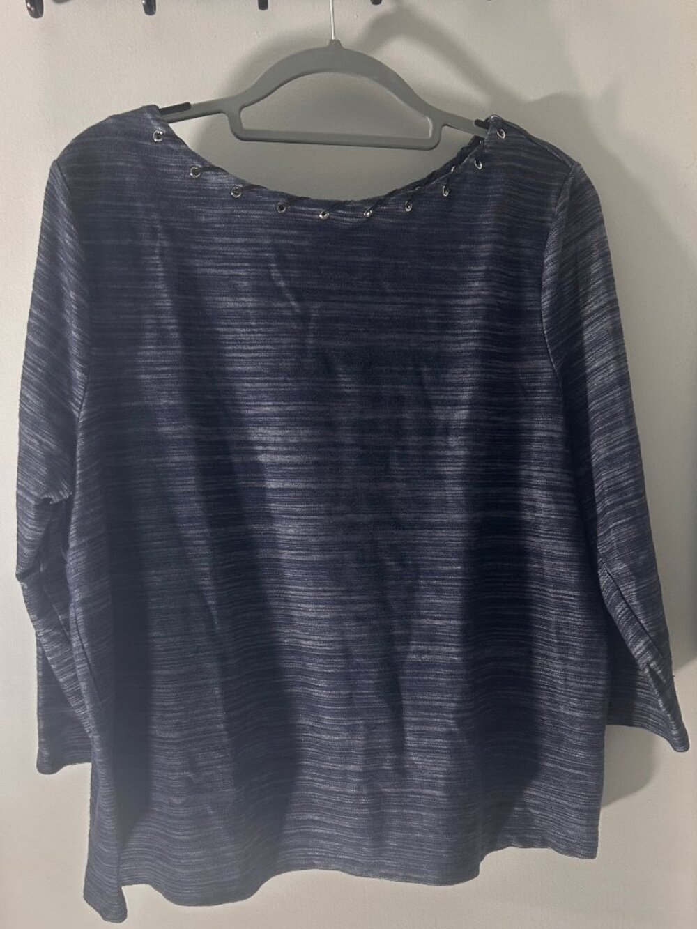 Chico's Size 3 Blue Marled Knit Lace-Up Neckline Top 3/4 Sleeve